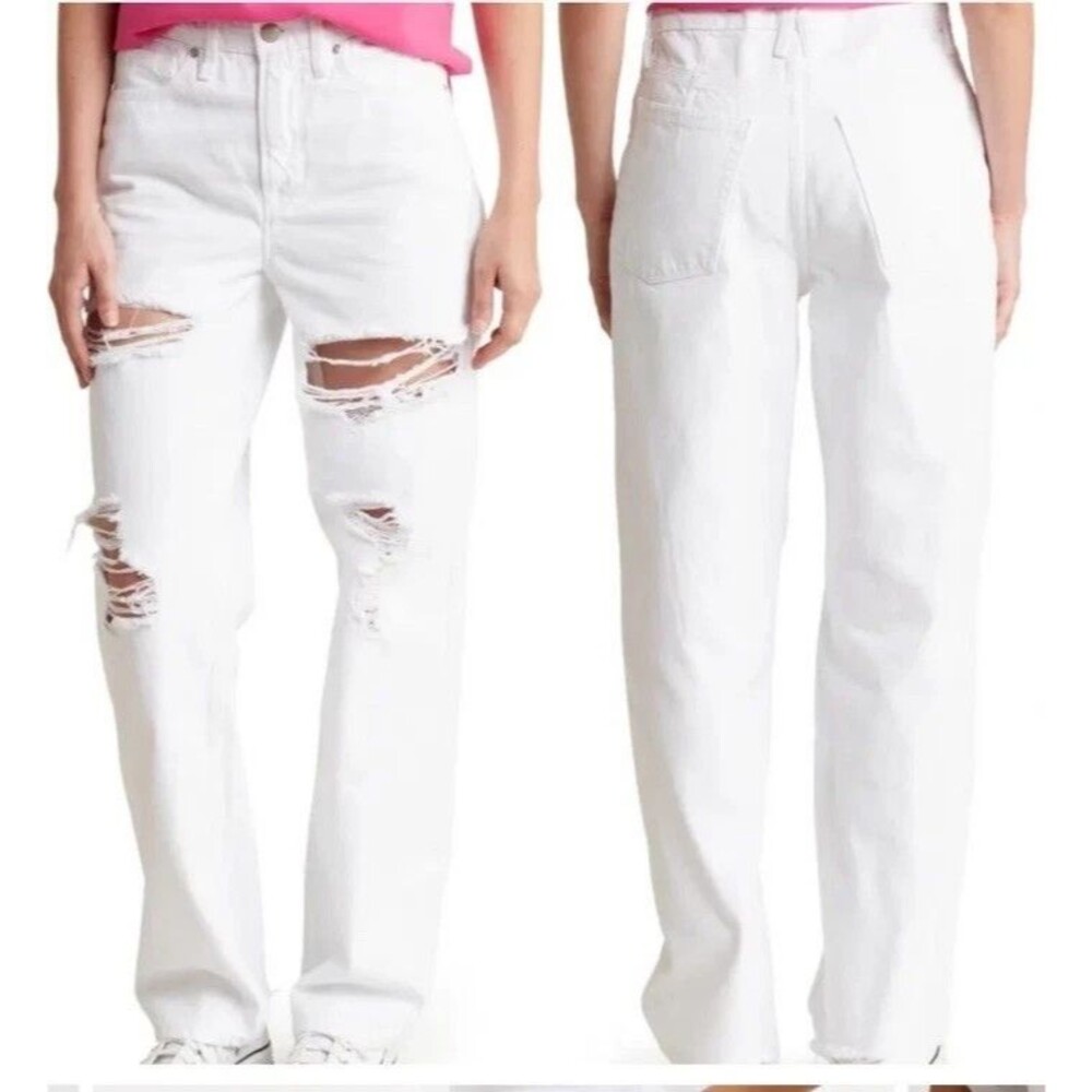 Good American Womens Jeans ‘90s Loose Fit Destroyed Hem White 6 / 28 Distressed